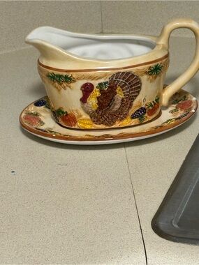 Cream and Brown Turkey Ceramic Gravy Boat with Attached Saucer